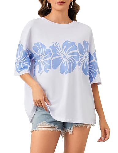 Anoumcy Cotton Oversized Hibiscus Tee Shirt for Women Floral Graphic Hawaiian T Shirts Casual Summer Vacation Loose Tops thumbnail 8