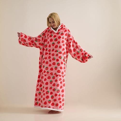 TSUTOMI Wearable Blanket Hoodie, Oversized Sherpa Wearable Hooded Blanket,Warm Cozy Sherpa Hoodie Gifts for Women Girls Adult Strawberry thumbnail 3