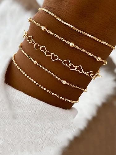 Heart Bracelets Set for Women, Chain Layered Bracelets Collection, Layered Cuba Beaded Chians for Your Wrist, Stackable Bracelet Stack Set, Adjustable Charm Link Bow Butterfly Heart Jewelry Sets - Image 1