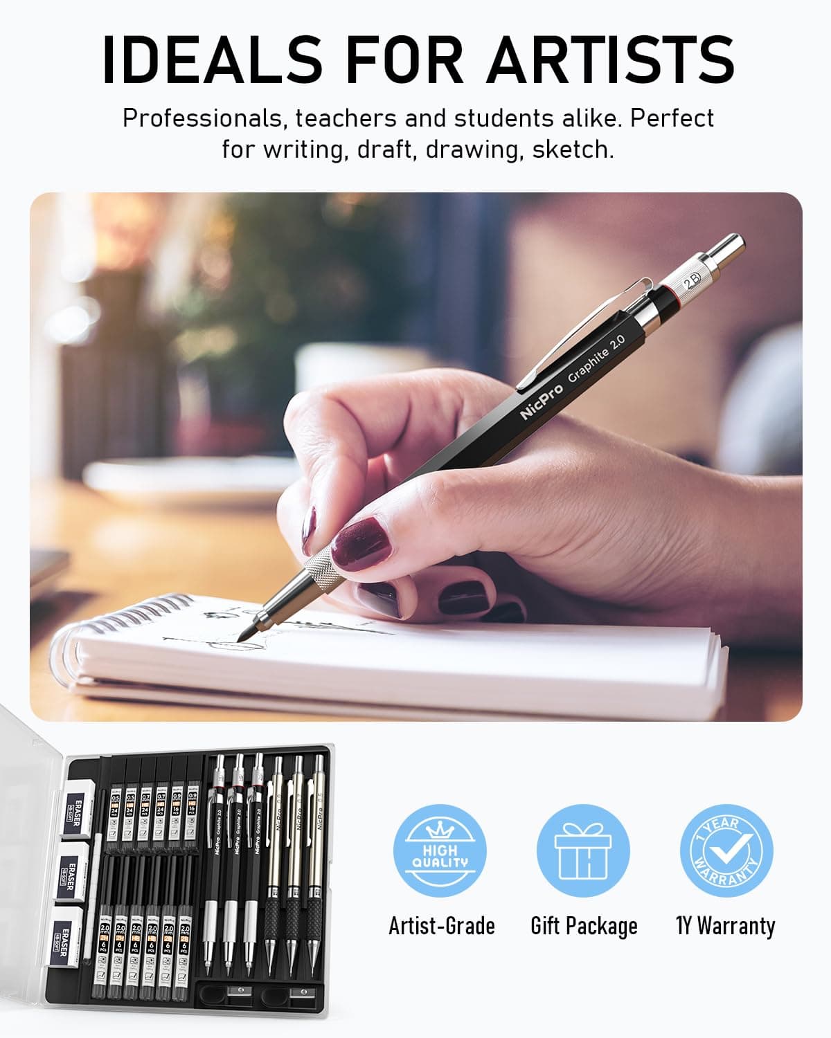 Nicpro 6pcs Mechanical Pencils Set, 3pcs 2mm Lead Holder, Clutch Propulsion Drawing Pen 0.5mm & 0.7mm & 0.9mm for Writing, Sketching, with 12 Tubes Lead Refills (2B 2H HB) thumbnail 6