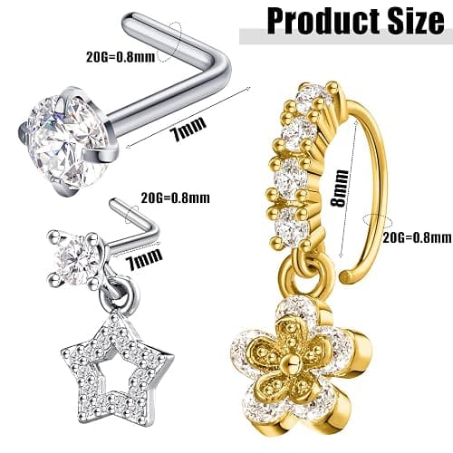 Bonuci 18 Pcs Dangle Nose Ring L Shaped Dangling Nose Stud Nose Ring Hoop Indian Nose Piercing Jewelry with Charm thumbnail 2