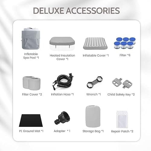 COCLUB Inflatable Square Hot Tub Spa Set, Outdoor Bubble Massage Portable Hot Tubs, 4-6 Person Blow up Hot Tub with 130 Soothing Jets, Insulated Cover, Built in Heater Pump, 6 Filter Cartridges thumbnail 8