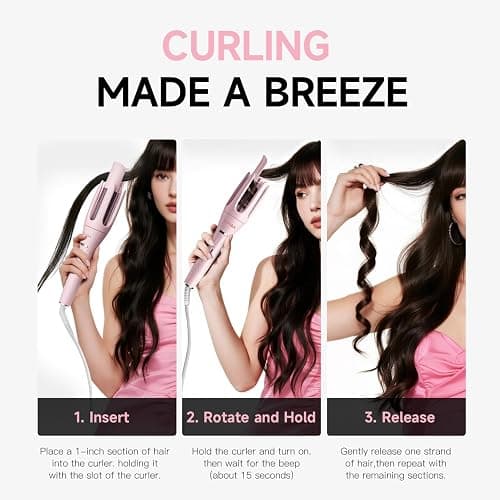 3 in 1 Automatic Curling Iron, Hair Curlers with 3 Curling Barrels (1" - 1.25" - 1.5"), Rotating Curling Iron with 3 Temp, 2-Way Rotation, 10S Fast Heating, Anti-Scald, Dual Voltage, Pink thumbnail 4