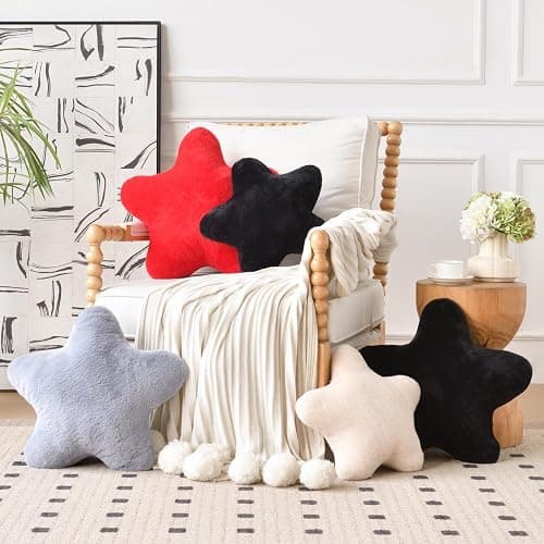 Xiashrk Star Pillow, Decorative Throw Pillows for Bed Couch, 15" Star Shaped Pillow Plush Floor Cushions Room Decor Pillow with Faux Rabbit Fur for Sofa Bedroom Living Room (Red, 15" x 15") thumbnail 3