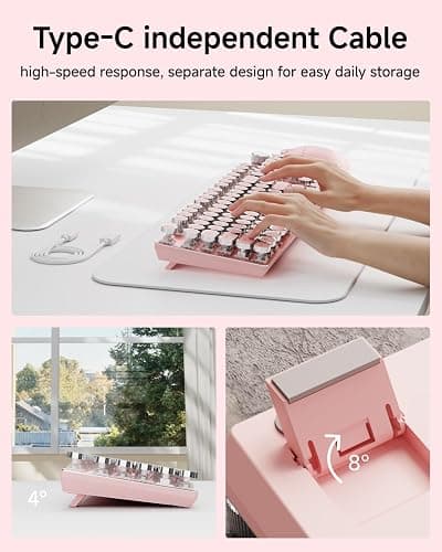 EWEADN Typewriter Style Mechanical Keyboard, Wired Typewriter Keyboards,104 Keys Backlit LED Metal Keyboards, Media Control Knob, Wired Computer Keyboard White Switch for Windows/Mac/PC-Dark Pink thumbnail 4