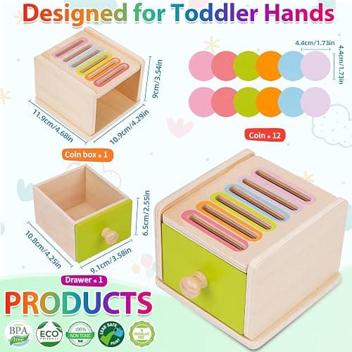 FCSONU Toddlers Montessori Coin Box Toys for 1 2 3 Year Old Boys Girls Baby | Wooden Baby Toys|Fine Motor Skills Toys, Kids Learning Color Sorting & Stacking Sensory Toys, Easter Christmas Birthday Gifts thumbnail 2