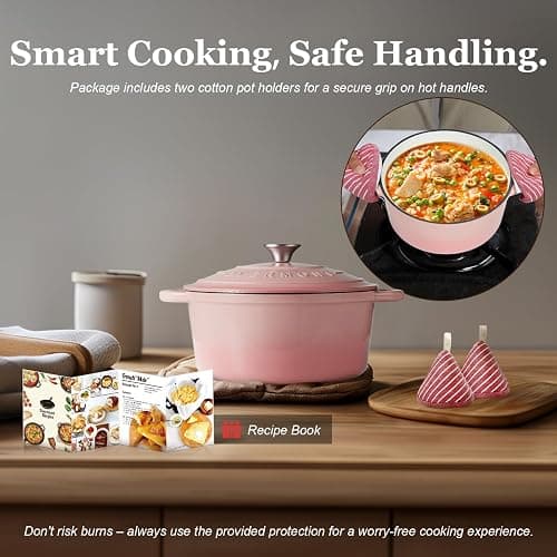 Overmont Bräter emaille Gusseisen Topf - Schmortopf 26cm backofengeeignet - mit Deckel und Kochbuch - für Küche Backen Schmoren Braten Rosa thumbnail 6
