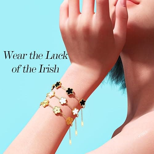 AICase 18K Gold Plated Clover Bracelet Dupes Gold/White/Black Bracelet Set for Women Flower Leaf Lucky Clover Bracelets Trendy Jewelry Birthday Gifts for Women/Mon/Friends thumbnail 6