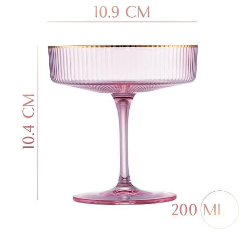 GLASSIQUE CADEAU Vintage Art Deco Blush Pink Coupe Glasses with Gold Rims | Set of 4 | 7 oz Crystal Ribbed Cocktail Glassware for Drinking Champagne, Martini, Cosmopolitan | Girly Speakeasy Saucers thumbnail 3