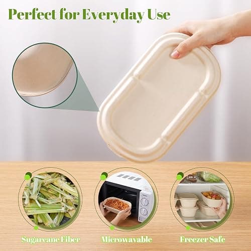 [100% Eco-Friendly] 34 oz Disposable Food Containers with Lids – Sugarcane Pulp Take Out Containers, Biodegradable Lunch Box, Compostable and Microwave Safe To-Go Boxes for Meal Prep – Pack of 50 thumbnail 3