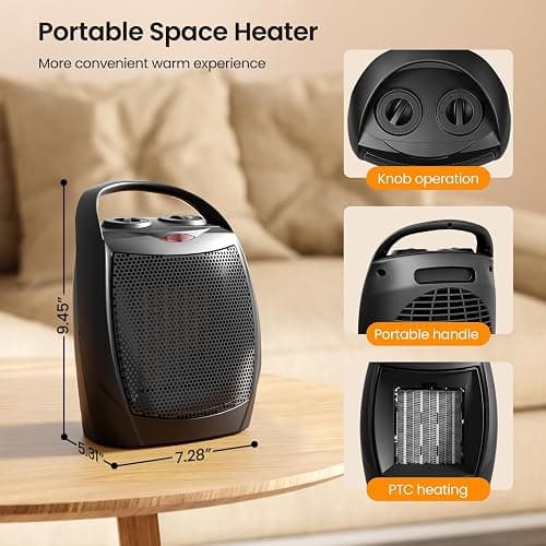 Kismile Small Electric Space Heater Ceramic Space Heater,Portable Heater Fan for Office with Adjustable Thermostat and Overheat Protection ETL Listed for Kitchen, 750W/1500W(Black) thumbnail 2
