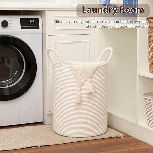 OIAHOMY Large Laundry Basket Hamper - 60L Cotton Rope Woven Basket for Blankets, Toys, Clothes - Tall Decorative Nursery Hamper with Long Handles, White thumbnail 4