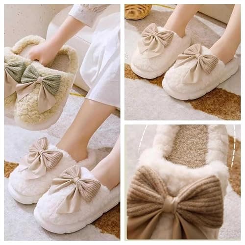 Maskjuwio Filzpantoffeln Damen Gummisohle Hausschuhe Damen Winter Plüsch Pantoffeln Mit Schleifen Memory Foam Schlappen rutschfeste Hausschlappen Warme Gefüttert Slipper Für Den Innenbereich thumbnail 2