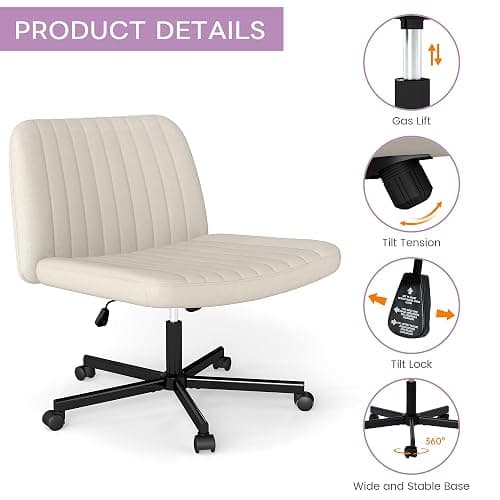 Murago Criss Cross Chair, Extra Wide Armless Rolling Office Desk Chair with Wheels, Plus Size Viral Vanity Legged Chair, Bedroom Beige thumbnail 5