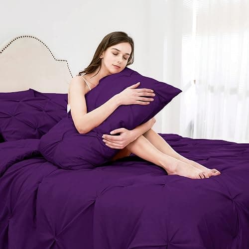 Ubauba 7pc Purple Comforter Set Queen Size with Sheets, Pintuck 7 Piece Bedding Comforters Bed in a Bag for All Season, Pinched Pleat Bed Set with Comforter (Purple,Queen) thumbnail 2