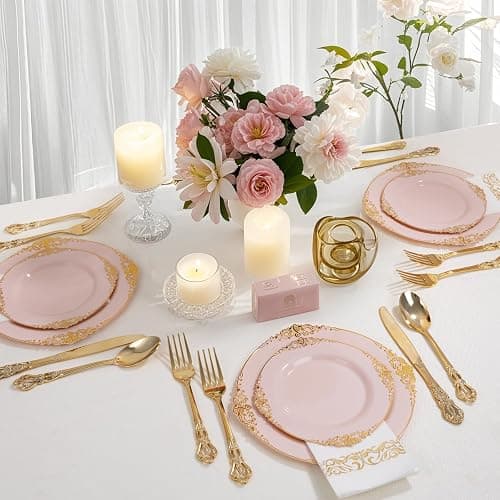 Ciaell 300PCS Pink and Gold Plastic Plates - Pink Disposable Dinnerware Sets for 50 Guests - 100 Plates, 50 Knives, 50 Forks, 50 Spoons, and 50 Napkins for Wedding, Anniversary & Party thumbnail 8