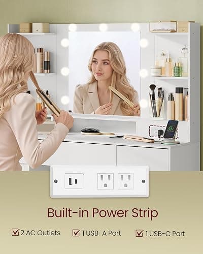 VASAGLE 43.3-Inch Vanity Desk with Mirror and Lights, 3 Drawers 2 Cabinets | Modern Vanity Table with 9 LED Bulbs, Power Outlets, for Bedroom, Cloud White, KAILYN Collection URDT142WB01S thumbnail 7