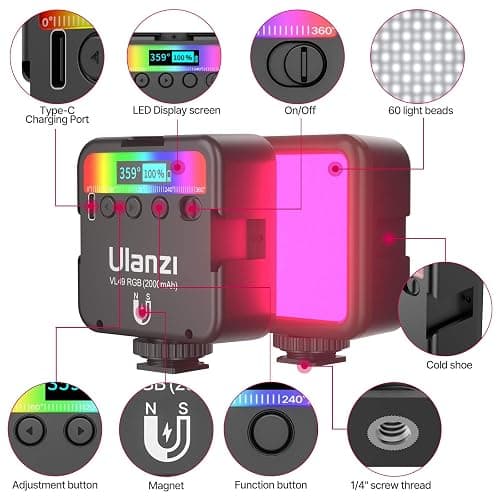 ULANZI VL49 RGB Video Lights, LED Camera Light 360° Full Color Portable Photography Lighting w 3 Cold Shoe, 2000mAh Rechargeable CRI 95+ 2500-9000K Dimmable Panel Lamp Support Magnetic Attraction - VL49 RGB - Black thumbnail 2