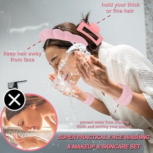 Canitor Spa Headband Wrist Bands Set with Hair Clips Skincare for Washing Face Skin Care Makeup Preppy Tween Teen Girl Gifts Cute Trendy Stuff Hair Accessories for Women (pink) thumbnail 2