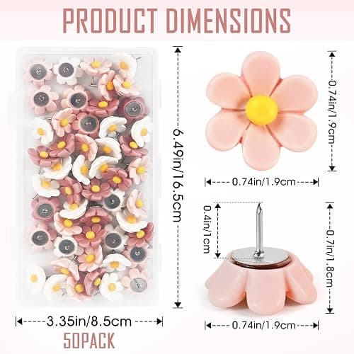 50 Cute Flower Push Pins for Corkboard & Bulletin Board - Decorative Floret Thumb Tacks for Office, Photo & Poster Wall thumbnail 3