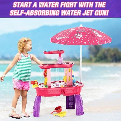 HYES Water Table for Toddlers 3-5, 3-Tier Kids Splash Sand Table Water Toys with Umbrella, Rain Showers Splash Pond for Outdoor Beach Backyard Summer, Activity Sensory Playset for Boys Girls, Red thumbnail 8