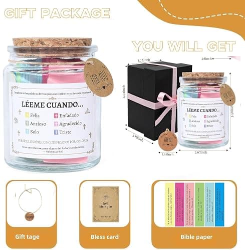Handmade Spanish Bible Verse Jar with Color-Coded Messages, Frasco de Versículos Bíblicos en Español, Leeme Cuando te Sientas versículos en español,Regalos Cristianos, Inspirational Christian Gift Set thumbnail 2