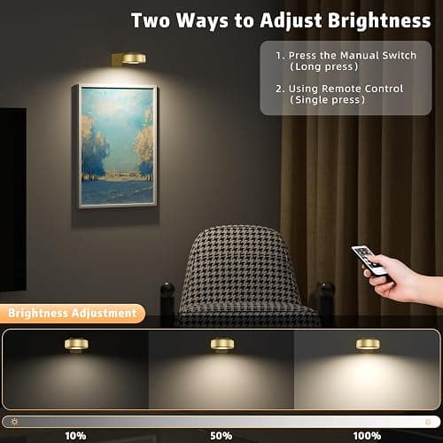 3PCS Picture Lights, Rechargeable Battery Wall Light for Paintings, 3 Colors Paintings Light Dimmable and Timer Metal Art Light for Display, Wall, Artwork, Gallery (Gold) thumbnail 6