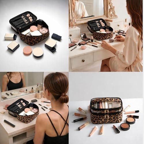 imerelez Double-layer Cosmetic Bag Makeup Bag Travel Makeup Bag Makeup Bags for Women Cosmetics Cases Portable Waterproof Foldable (Leopard) thumbnail 6