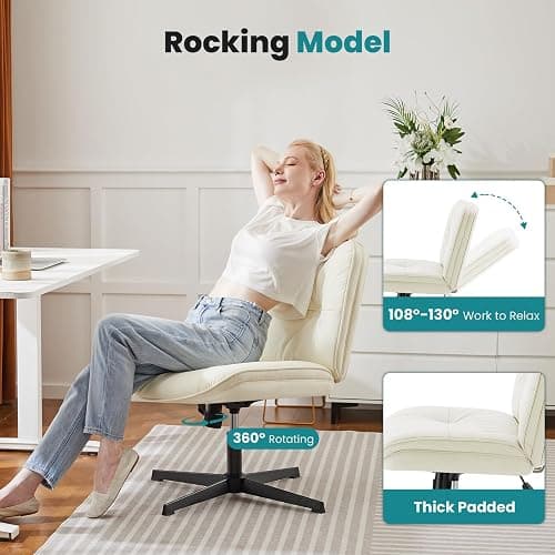 OLIXIS Criss Cross Chair Without Wheels, Cross Legged Office Chair, Armless Wide Vanity Desk Chair with Comfy PU Leather& Back - Swivel for Home Office Bedroom, Beige thumbnail 6