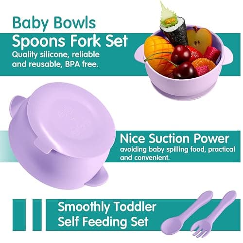 CHENGU 12 Pcs Silicone Bowl with Suction Set for Baby Toddler with Suction Plate, Spoon and Fork, Divided Design Baby Feeding Utensils Weaning Kit, Dishwasher and Microwave Safe thumbnail 6