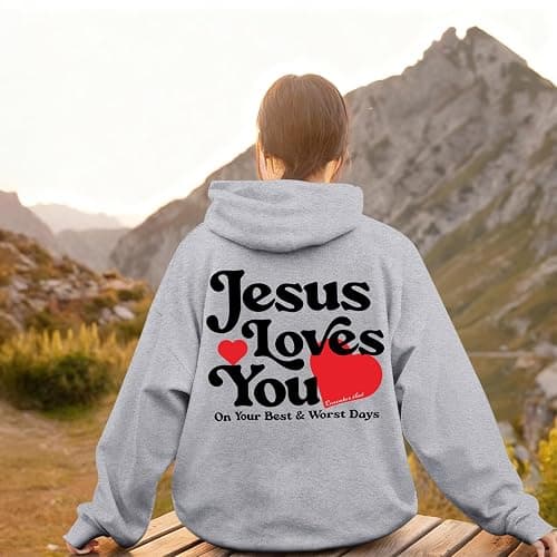 Pairxily Jesus Loves You Christian Hoodie for Women Faith Religious Fleece Sweatshirts God Sayings Long Sleeve Tops Pullover thumbnail 2