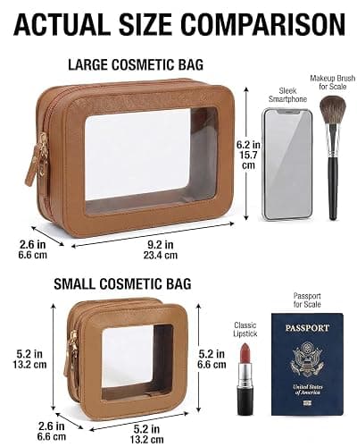 LETGO Clear Makeup Bag Organizer Set, Travel Toiletry Bag Cosmetic Case for Women, Portable Make up Skincare Pouch Car Organizer Bag with Zippers for Essentials (2Pack-Standard & Square, Brown) thumbnail 7