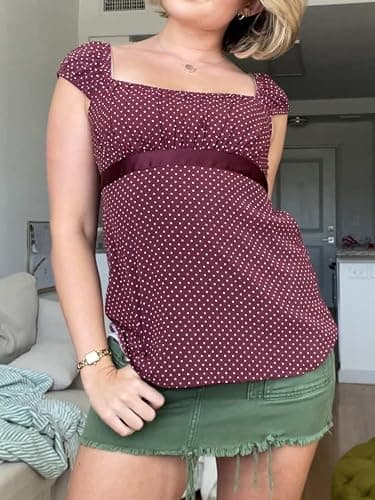 Sunloudy Women Fairy Coquette Babydoll Shirt Y2k Cap Sleeve Polka Dot Grunge Flowy Preppy Tees Vintage Aesthetic Clothes thumbnail 4