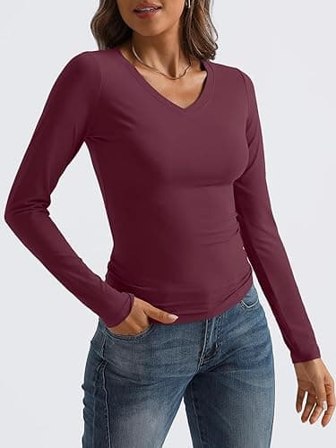 Trendy Queen Long Sleeve Shirts for Women 2025 Fall Fashion V Neck Basics Crop Tops Slim Fitted Y2K Tops Outfits Clothes thumbnail 6