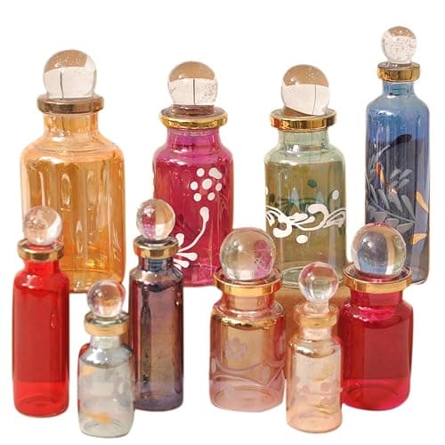 Egyptian Perfume bottles, Empty Glass Mini Bottles for Perfume, Essential Oils or Potion - Set of 10 Decorative Small Vials, Each 2" High (5cm), Assorted Colors - Image 1