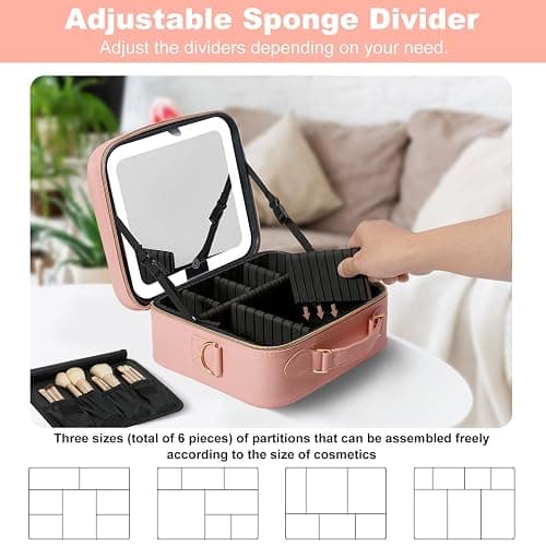 Mocado Travel Makeup Bag with LED Lighted Mirror,Travel Makeup Organizer,Makeup Case with 8 Makeup Brushes and 10x Magnifying Mirror,3 Colors Lighting, Adjustable Dividers Makeup Box(Pink) thumbnail 4