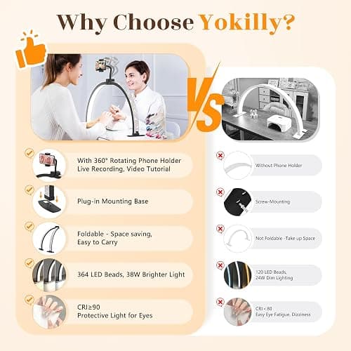 Yokilly Half Moon Light for Nail Desk: 29" Foldable Nail Light for Desk | Arch Nail Tech Light with Phone Holder for Beginner - 3 Color Modes & 10 Brightness for Manicure Salon-Black thumbnail 2
