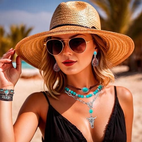 Zhamate Western Jewelry Set - Boho Turquoise Dangle Earrings Necklace Faux Leather Bracelet Ring with Concho Belt for Women thumbnail 2