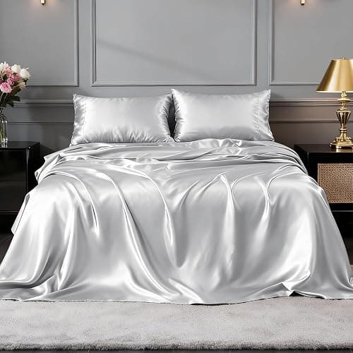 FreshCulture Satin Sheets Queen Size Bed Set- 4 Piece Luxury Soft Silky Queen Sheet Set, Similar to Silk Bed Sheets with 1 Deep Pocket Fitted Sheet, 1 Flat Sheet & 2 Pillowcases (Silver Grey) thumbnail 2