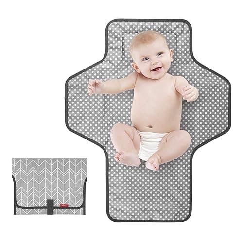 Portable Changing Pad for Baby, Waterproof Travel Changing Pads for Moms, Dads, with Built-in Pillow, Excellent Baby Shower, Registry Gifts - Grey Wave Print