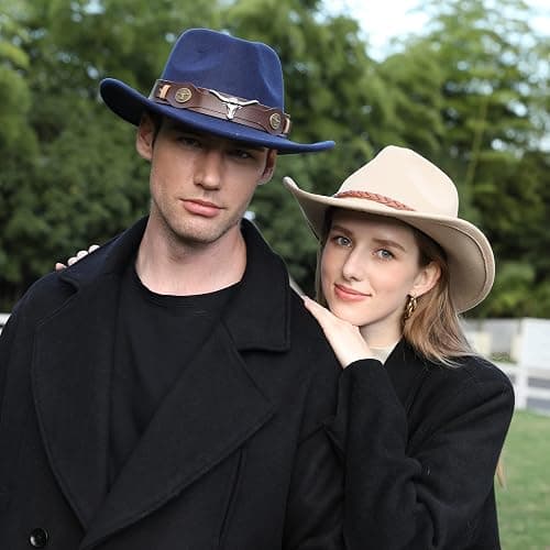 2 Pack Western Cowboy Hats for Women and Men Classic Felt Wide Brim Costume Cow Boy Hat Roll Up Brim Cowgirl Hat thumbnail 7