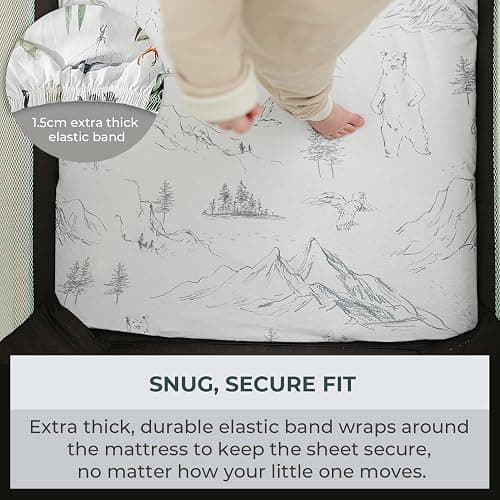 Pobibaby - 2 Pack Premium Pack N Play Sheets Fitted for Standard Pack and Plays and Mini Cribs - Ultra-Soft Cotton Blend, Stylish Woodland Pattern, Safe and Snug for Baby (Explore) thumbnail 4