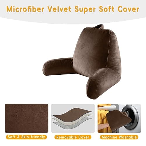 OAISZ Reading Pillow for Sitting in Bed Adult, Reading Pillow with Shredded Memory Foam, Back Pillow for Bed Sitting Up with Extend Arms, Pockets, Bed Pillow with Washable Cover,Brown, X-Large thumbnail 4