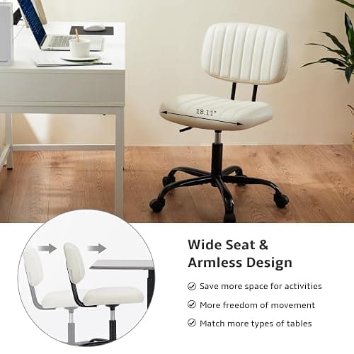 NEWBULIG Armless Small Office Desk Chair with Low Back Lumbar Support, PU Leather Computer Vanity Chair with 360° Swivel Rolling Wheels, Height Adjustable Task Chair for Small Space, White thumbnail 5