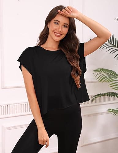 Fhniepan Open Back Tops for Women Oversized Short Sleeve Workout T Shirts Backless Y2k Athletic Crop Running Tees thumbnail 4