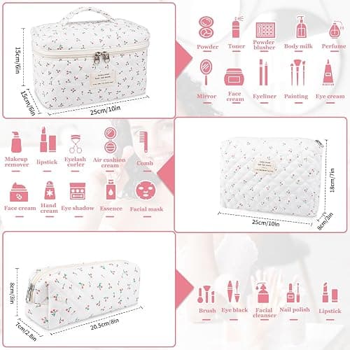 Gosect Large Makeup Bag Set, Quilted Makeup Bag, Floral Cosmetic Bag for Women, Cute Cotton Makeup Bags, Flower Travel Toiletry Organizer Bag (white) thumbnail 3