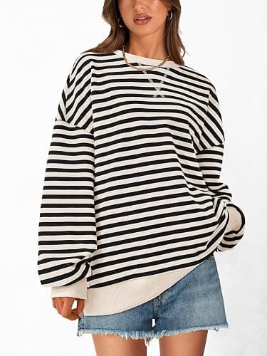 PRETTYGARDEN Womens Striped Oversized Sweatshirt Lightweight Fall Clothes | Stitching Crew Neck Sweatshirts Women, Long Sleeve Casual Loose Pullover Top, Color Block Y2K Outfits, Fashion Clothing thumbnail 3