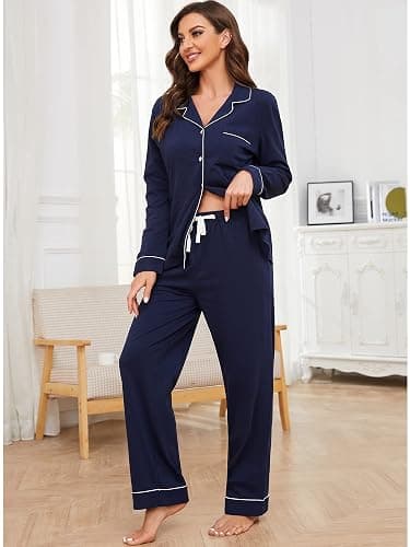 U2SKIIN Schlafanzug Damen lang 100% Baumwolle, Pyjama Damen weiche Pyjamas Set leichte Nachtwäsche Schlafanzüge für Frauen Zweiteiler Pyjama Set thumbnail 2
