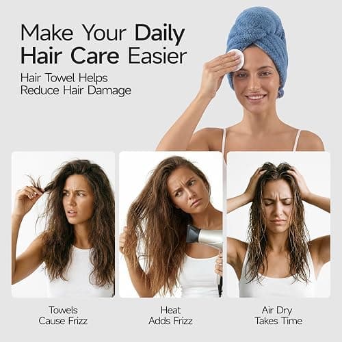 REDKISS Microfiber Hair Towel Wrap for Women, Double Sided Hair Towels with Elastic Strap, Super Absorbent Quick Dry Hair Drying Towel for Long, Thick, Curly Hair, Anti-Frizz Turban (Blue & Gray) thumbnail 7