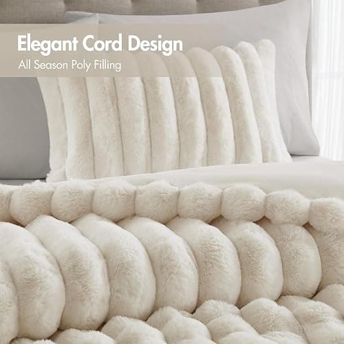 Madison Park Jasmine Luxurious Plush Queen Comforter Set, 3 Piece, Ivory | Soft Faux Fur Ribbed Velvet Bedding Set Full Size for Winter, Reversible, Warm Fuzzy Thick, with Matching Shams thumbnail 6